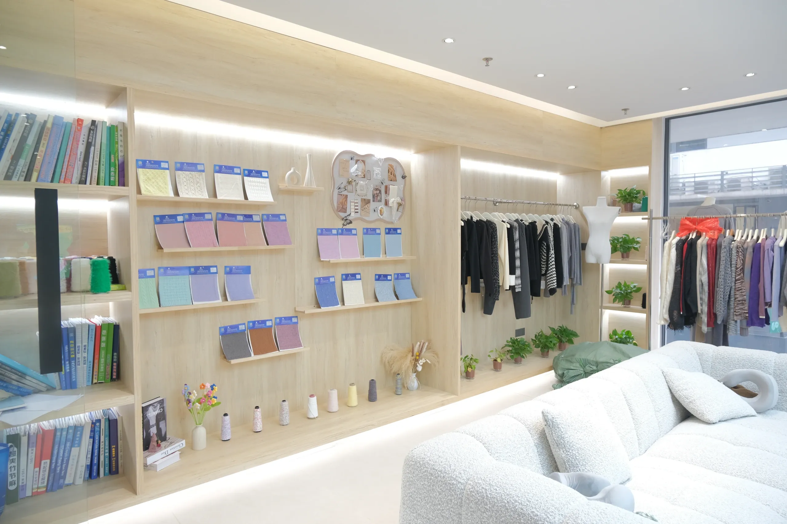 兴林展厅实拍的高分辨率版本,展示纱线与样衣陈列